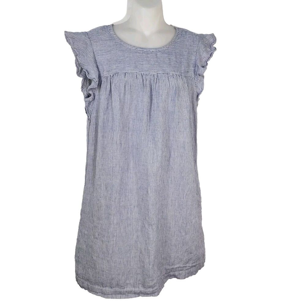 Cynthia Rowley Women Linen Dress Small Blue Striped Flutter Sleeve Shift Pockets